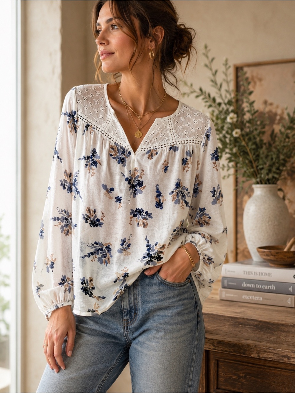 Melloday‎ Floral Eyelet Boho Blouse Romantic Oversized Top 2X